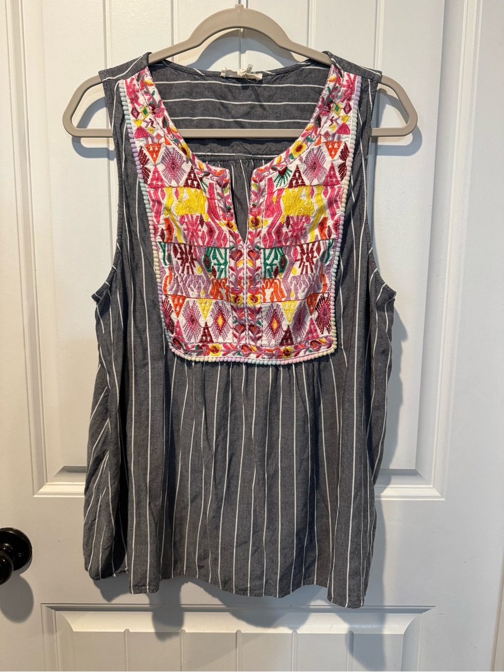 entro Gray Striped Sleeveless Top with Multicolor Embroidered Bib
